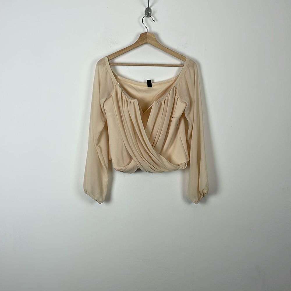 Windor Womens XL Cream Chiffon Long Sleeve Corset Crop Cami V Neck Pullover Top